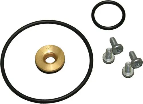 BOSCH Gasdüse, bestehend aus einer metallenen Düse, zwei Schrauben, einem O-Ring und einem Abstandshalter, angeordnet auf einem weißen Hintergrund.